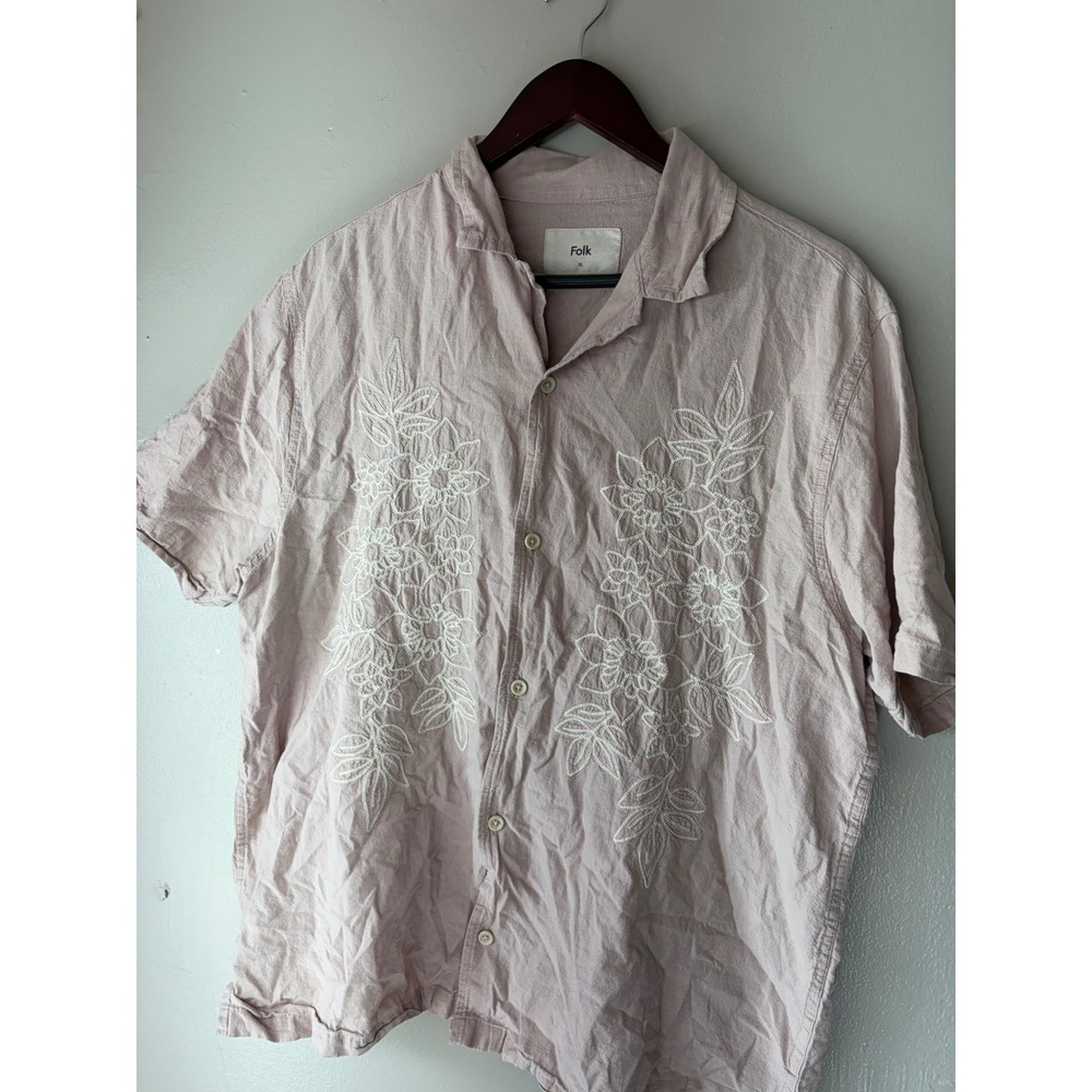Folk Pink Cotton Linen Floral Embroidered Short Sleeve Button Down Shirt XL